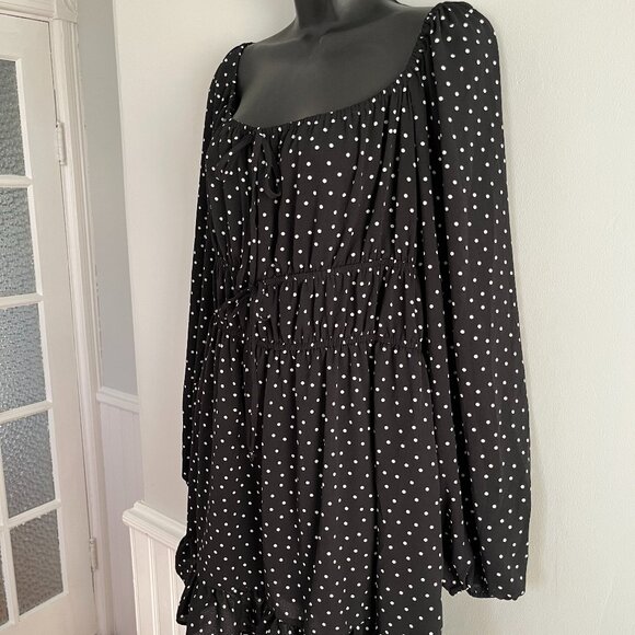 ASOS Curve  Long Sleeve Black and White Polka Dot Mini Dress, Size 14 - Picture 3 of 15